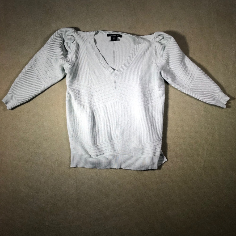 Tahari Sweater Women XS Mint Green Puff Sleeve V-Neck Ribbed Knit Top